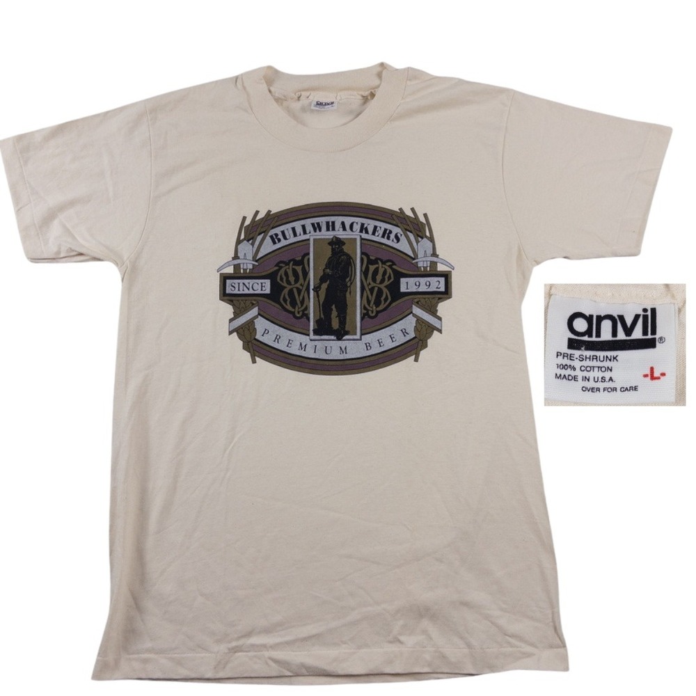 Vintage Bullwhackers Beer T-Shirt Mens L Cream Single Stitch 1992 Anvil USA Made